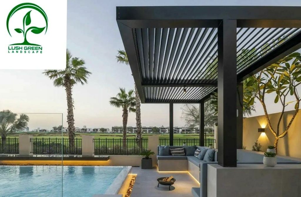 Modern poolside pergola and outdoor lounge
