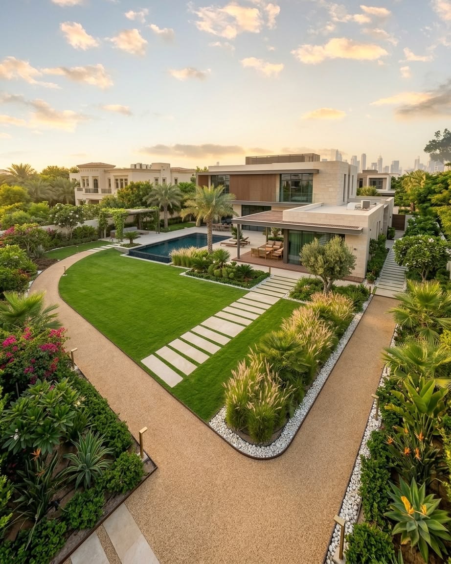 Landscaped villa garden with a lawn, palms, pathways and swimming pool at sunset